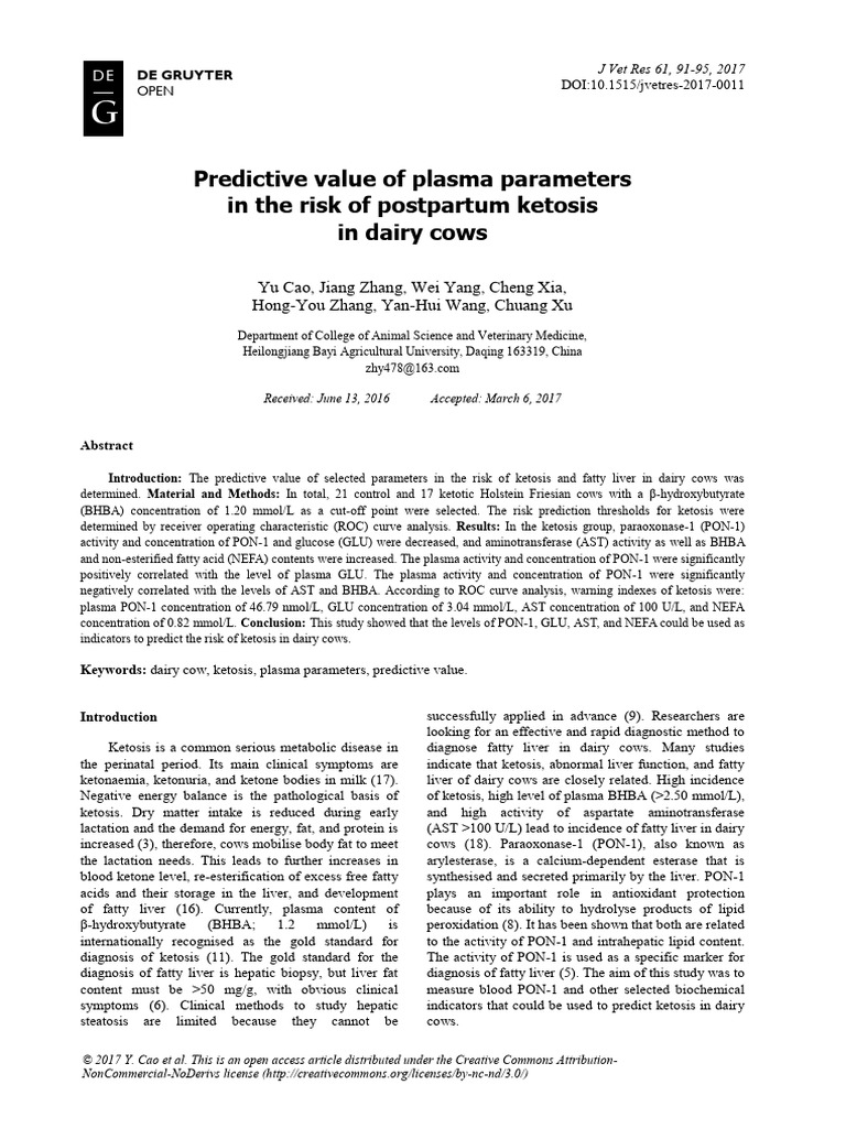 Predictive value of plasma parameters in the risk of postpartum ketosis