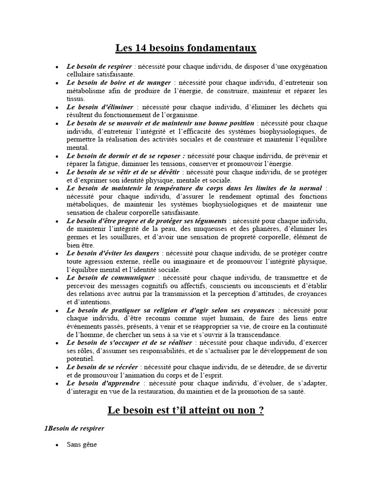 Les 14 besoins fondamentaux de Henderson | PDF | Sommeil