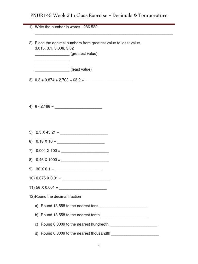 Week 2 decimals temperature pdf fahrenheit arithmetic