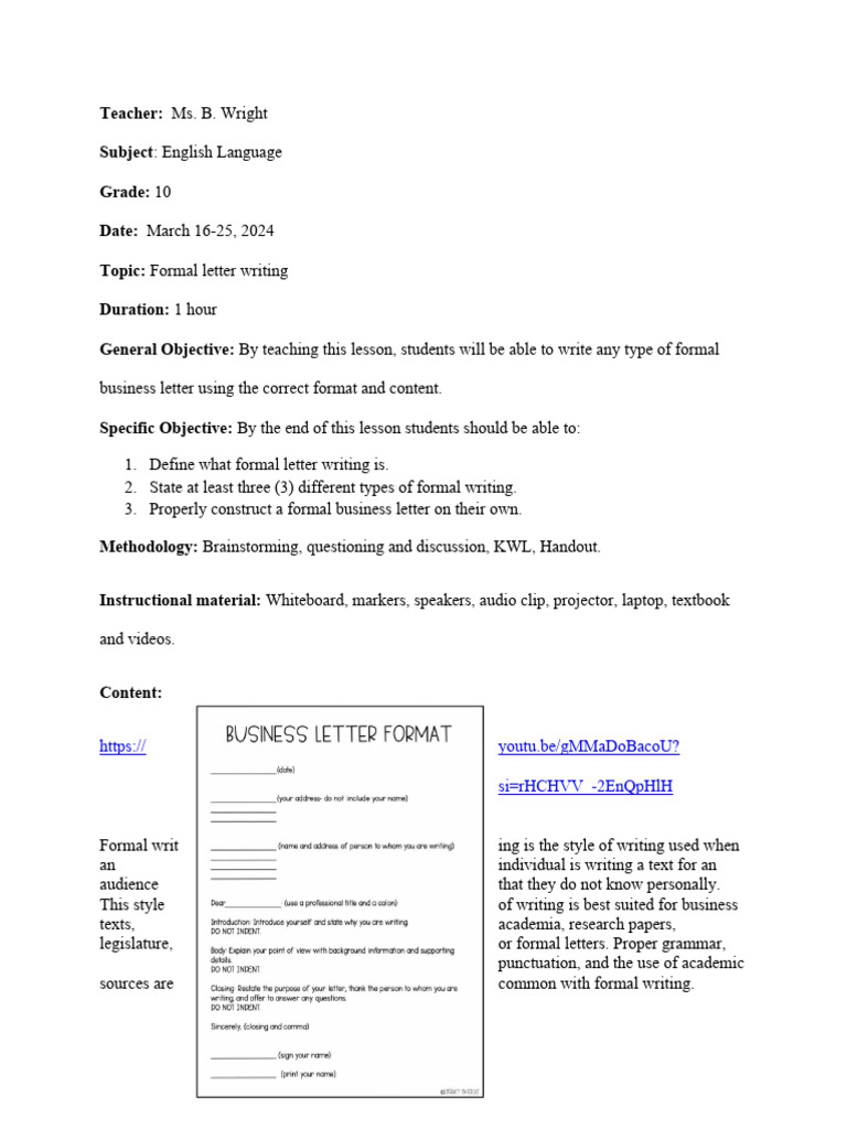 Grade 10 Language Lesson Plan - Formal Writing | PDF | Lesson Plan ...