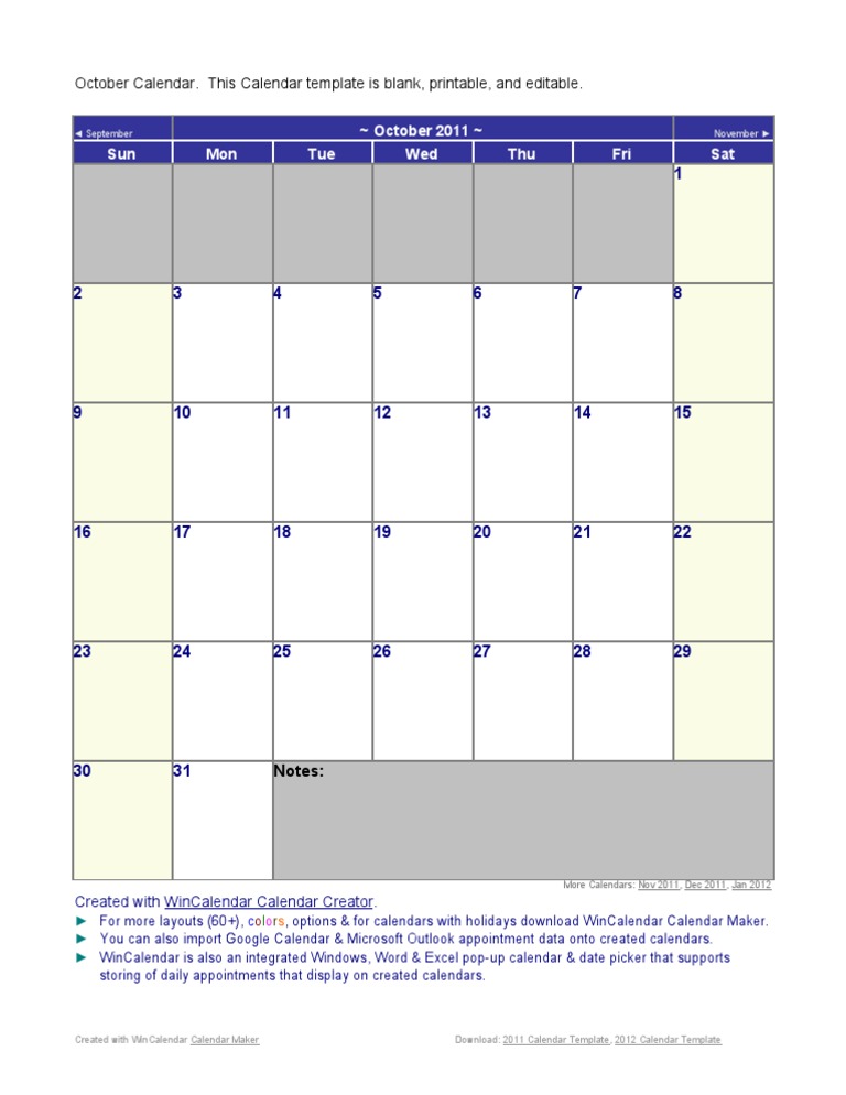 October 2011 Calendar | PDF