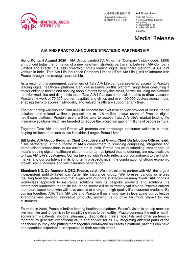 AIA and Practo Form Strategic Alliance | PDF | Business | Economies