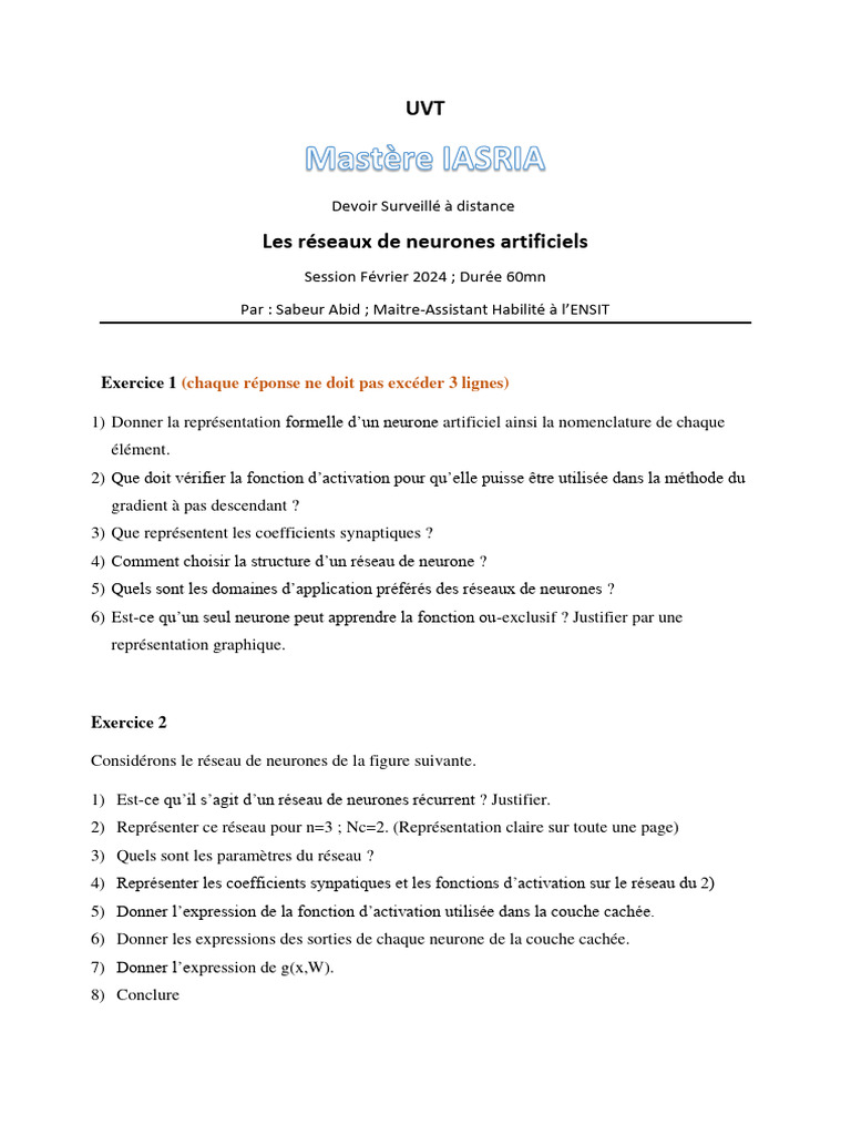 Réseaux de Neurones Artificiels : Devoir 2024 | PDF