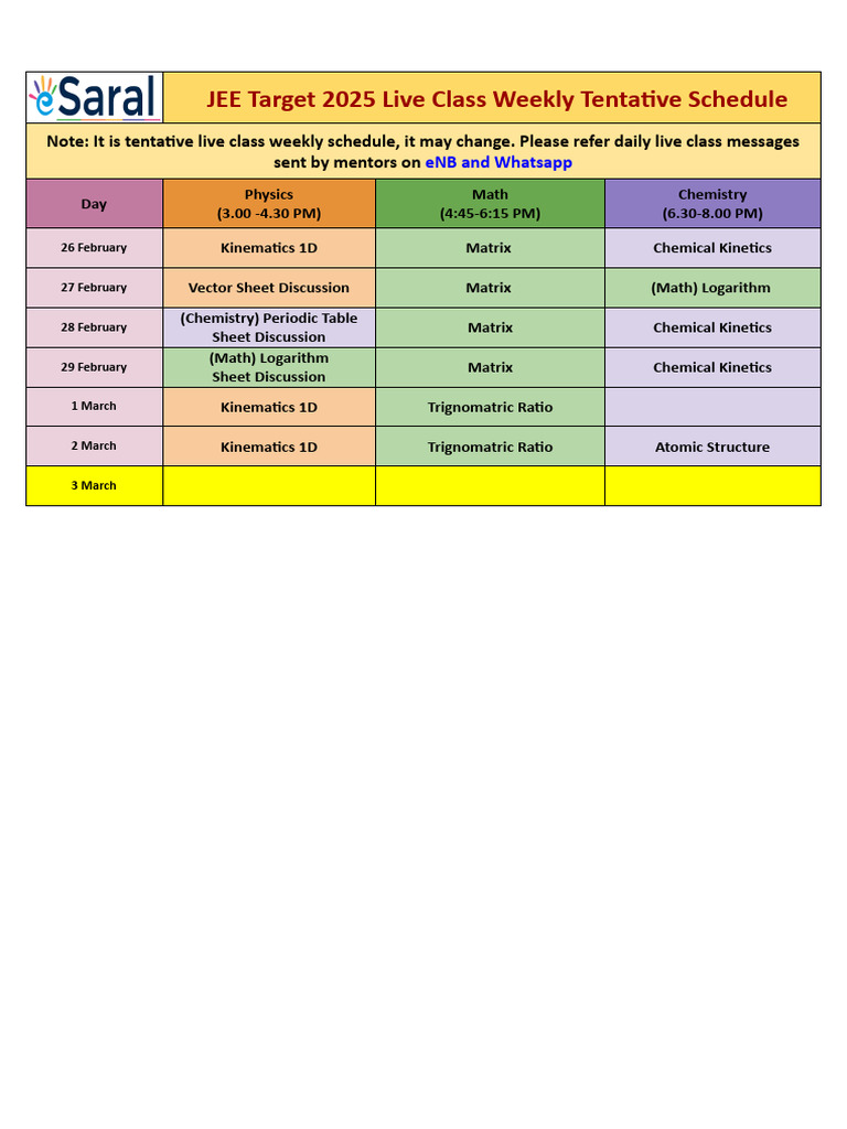 Live Class Schedule Pdf