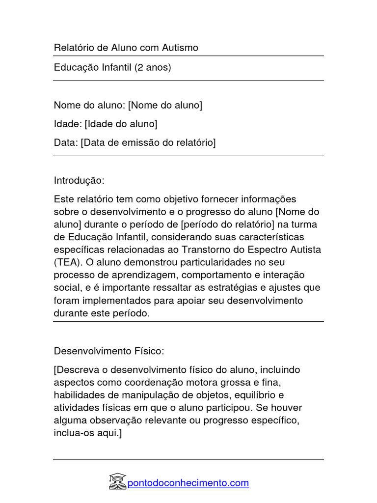 Relatório de Aluno Autista - Educação Infantil | PDF | Espectro do ...