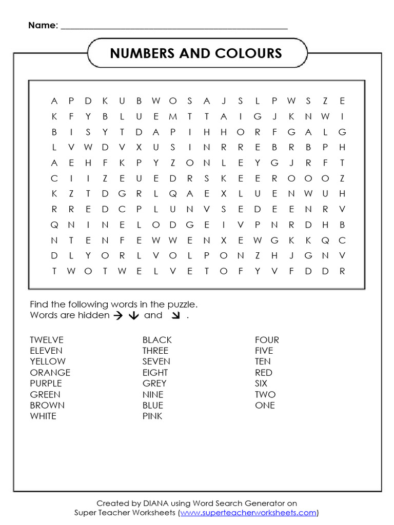 Super teacher worksheets numbers and colours pdf color word search