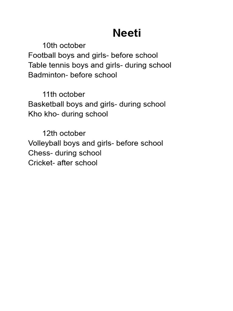 Weekly Sports Schedule for Students | PDF | Sports & Recreation