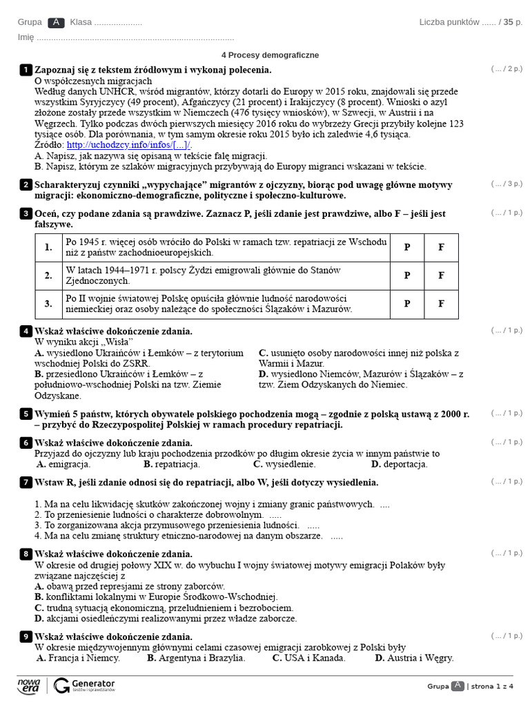 4 procesy demograficzne test z widoczna punktacja pdf