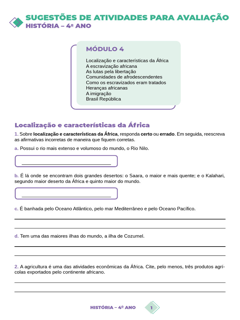 Atividades de História: África e Brasil 4º Ano | PDF | Escravidão | África