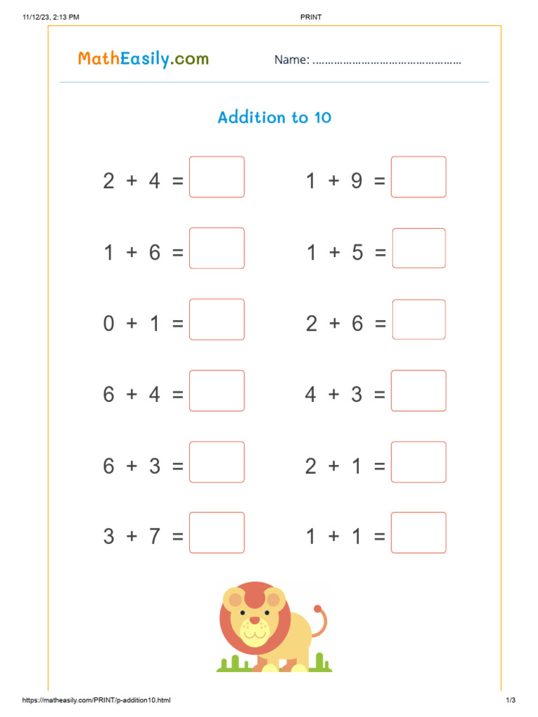 Addition to 10 Worksheets for Kids | PDF