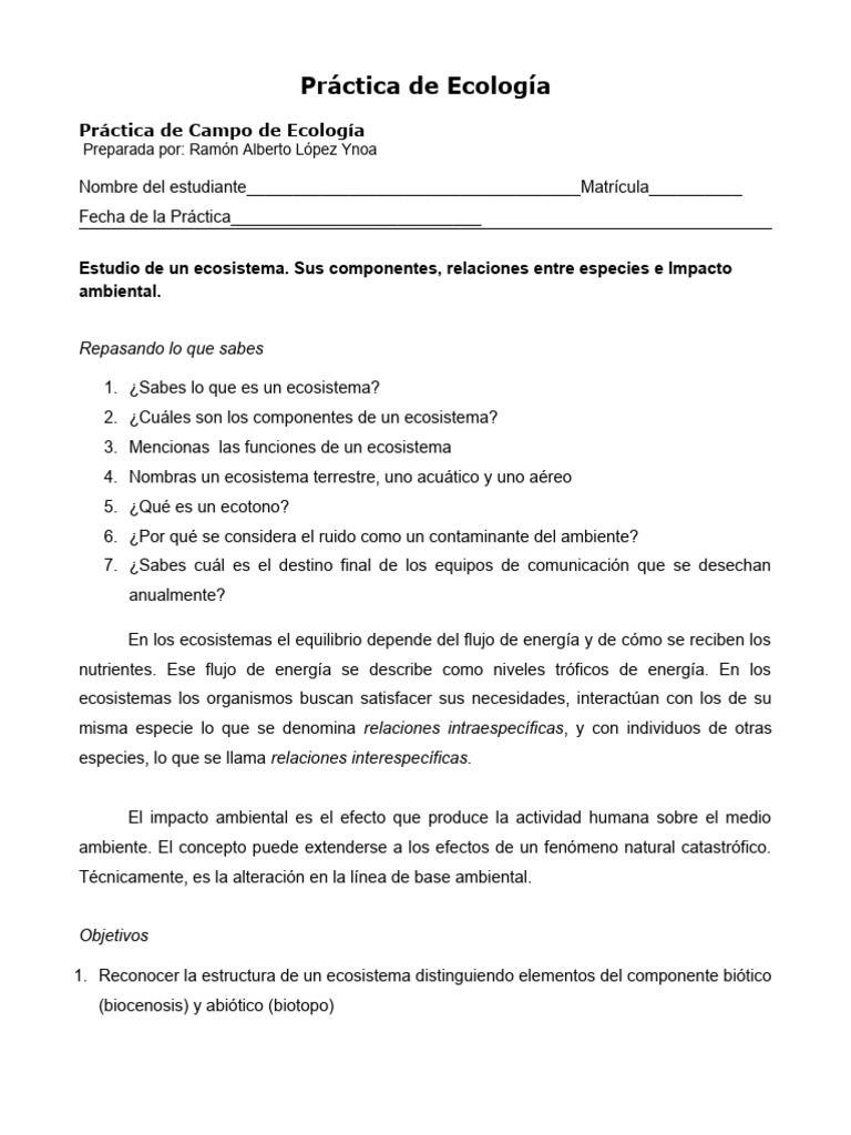 Práctica de Campo: Estudio de Ecosistemas | PDF | Ecosistema | Ecología