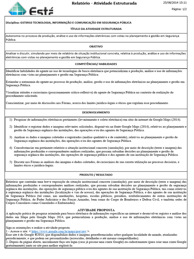 Atividade Estruturada Tec Info Comunic Seg P Blica 2 PDF Informa o