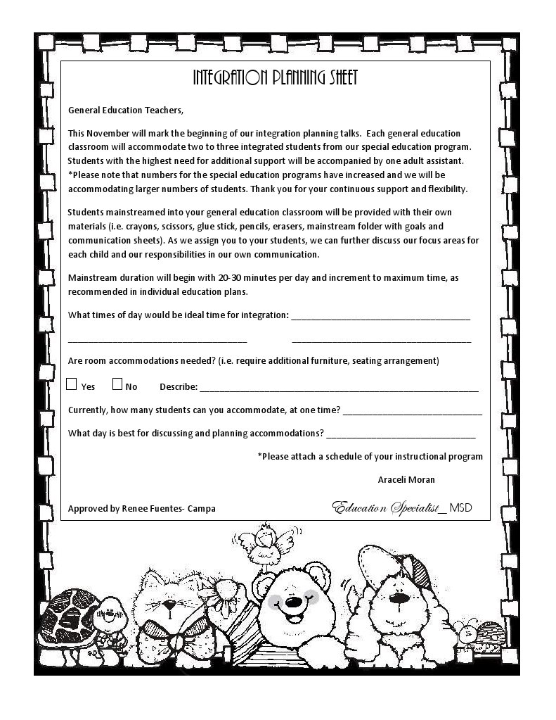 Integration Planning Sheet | PDF | Special Education | Classroom