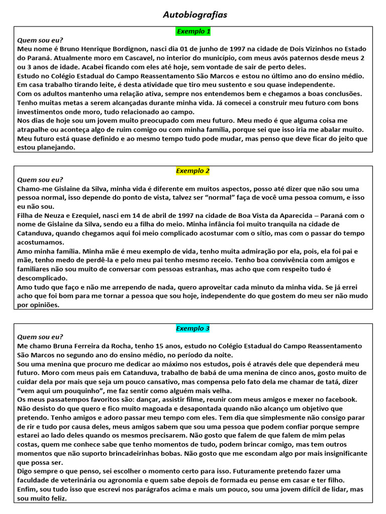 Exemplos de Autobiografias de Alunos | PDF