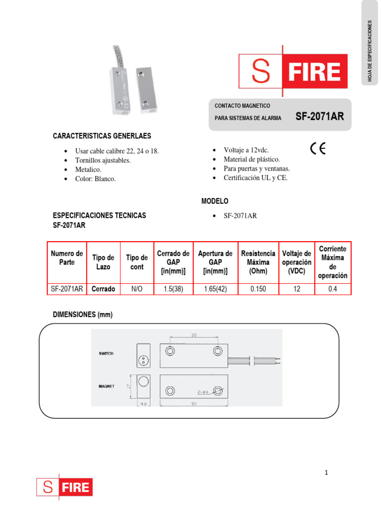Especificaciones SF-2071AR Contacto Magnético | PDF