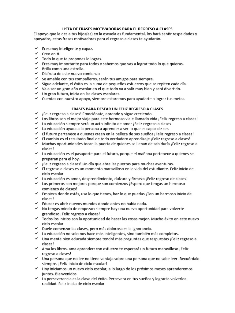 Lista De Frases Motivadoras Para El Regreso A Clases Pdf