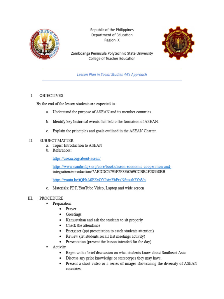 PEC101 (Lesson Plan JSocial Studies Intro To ASEAN) | PDF | Governance