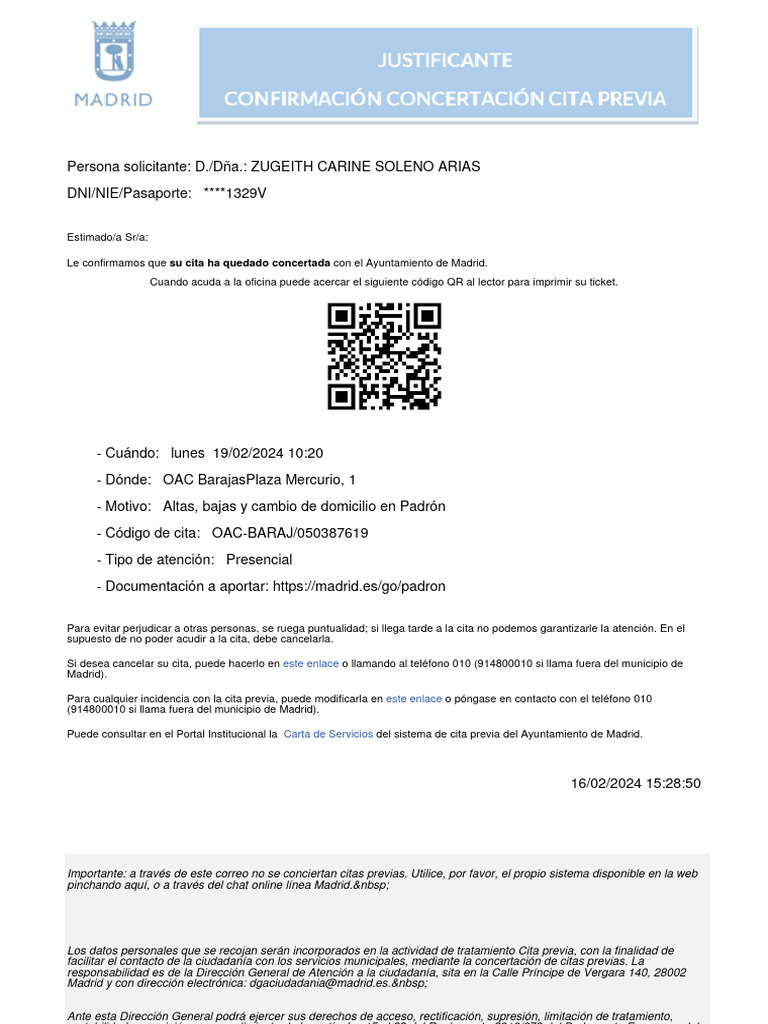 Justificante de cita previa en Madrid | PDF