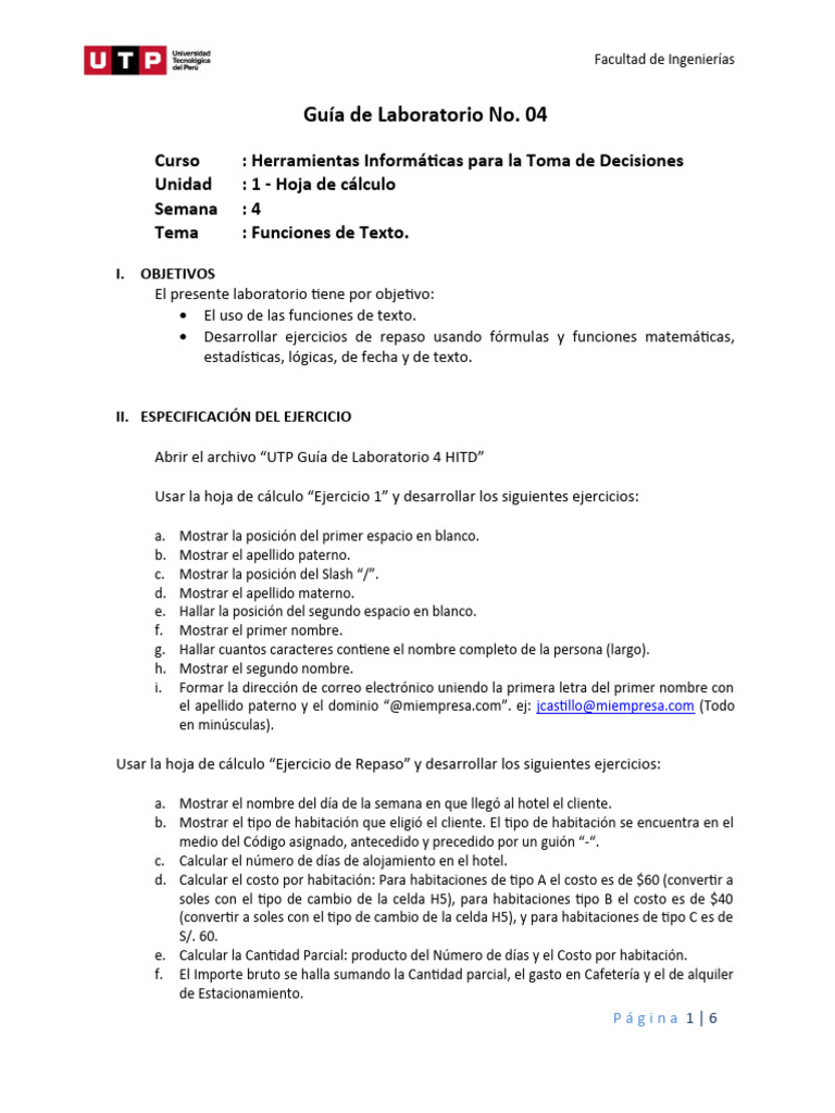 UTP Guia de Laboratorio 4 HITD | PDF | Hoja de cálculo | Science
