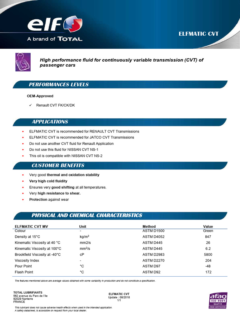 Tds Elf Elfmatic CVT Pj6 201808 en | PDF | Viscosity | Applied And ...
