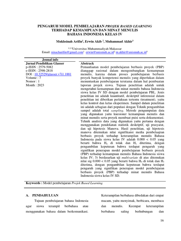 Pengaruh Model Pembelajaran Projek Based Learning Pdf