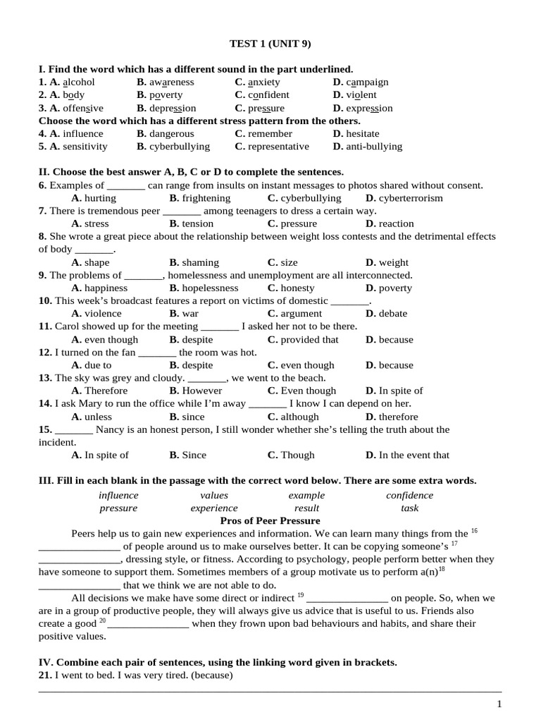 Unit 9 Test 1: Grammar & Vocabulary | PDF | Bullying | Cyberbullying