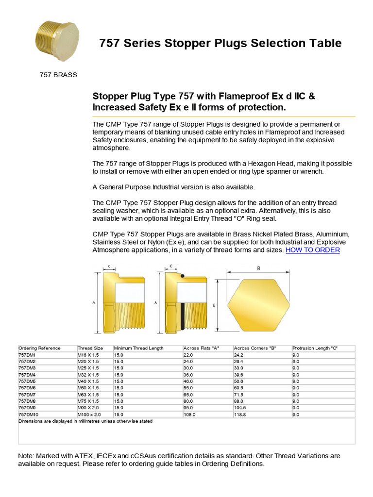 CMP 757 Brass Stopper Plugs Overview | PDF | Technology & Engineering