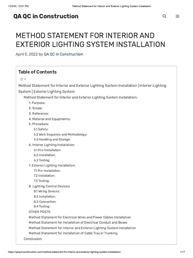 Method Statement for Lighting Installation | PDF | Ac Power Plugs And ...