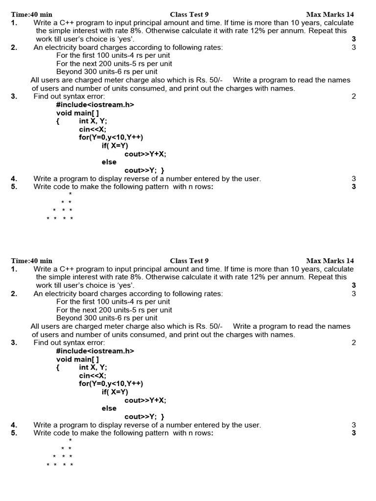Class Test 9 | PDF | C++ | Computer Programming