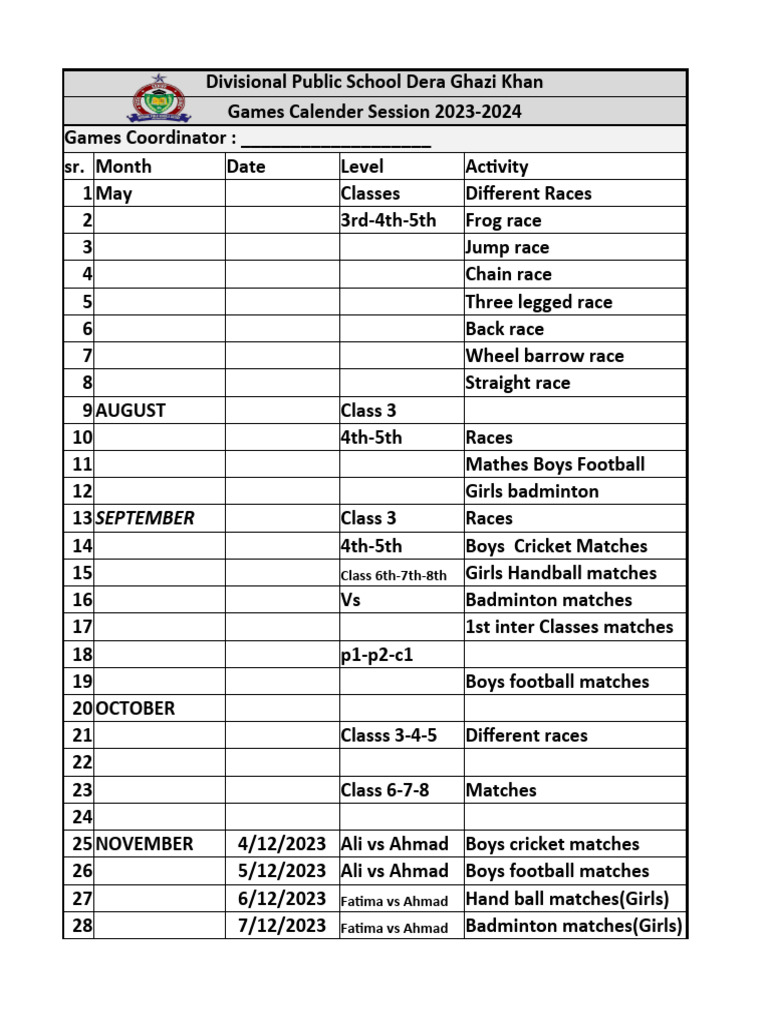 DPS Dera Ghazi Khan Games Calendar 2023-24 | PDF