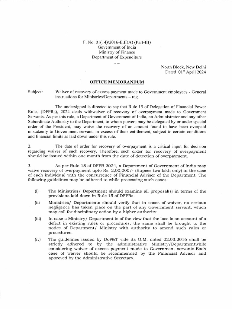 Waiver of Recovery of Excess Payment Made To GE Dated 01-04-24 | PDF