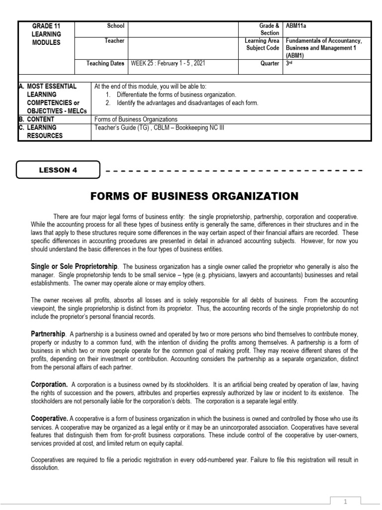 Week 5 - Lesson 4 & 5 Module ABM1 | PDF | Sole Proprietorship | Partnership