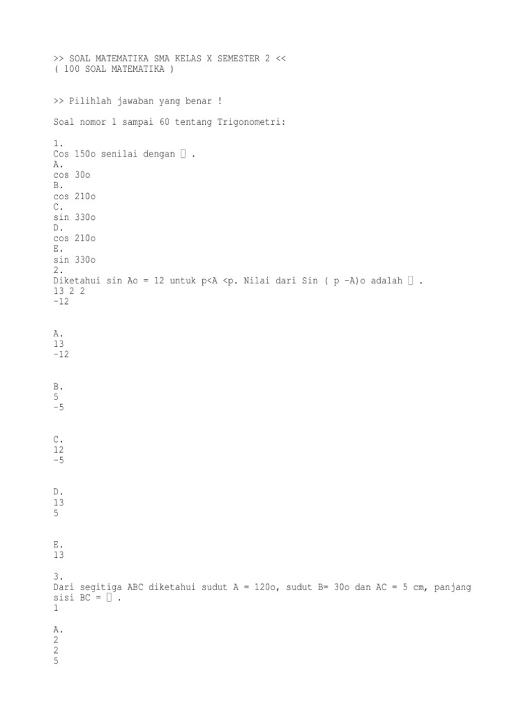 100 Soal Matematika Sma Kls X Smt 2 2