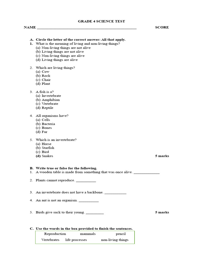 Grade 4 Science Test: Living Things | PDF | Vertebrates | Invertebrate