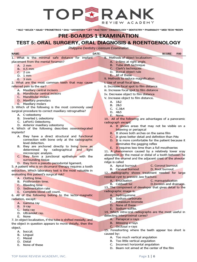 Oral Surgery Pre-Boards Examination | PDF | Dental Implant | Dental Anatomy