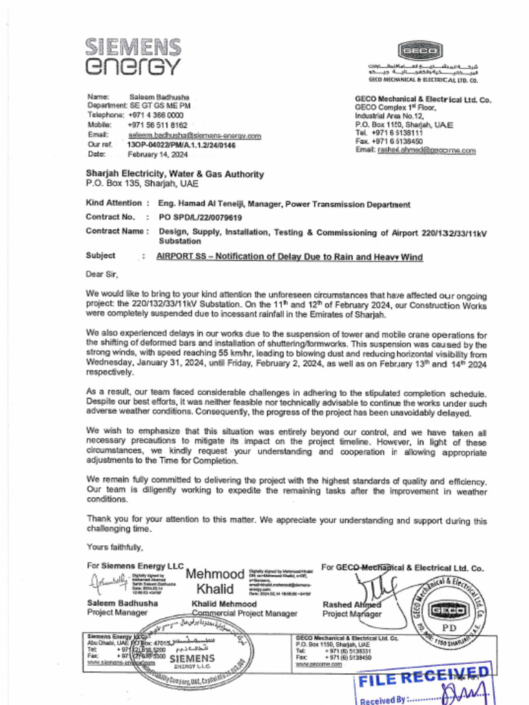 Ack 0146 notification of delay due to rain and heavy wind pdf