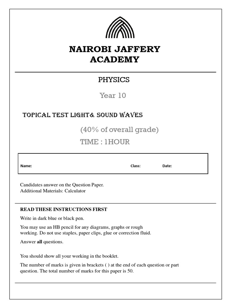 Year 10 Physics Waves Test | PDF | Frequency | Refraction