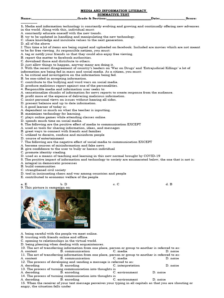 SUMMATIVE TEST S. Y. 20232024 PDF Mass Media Information