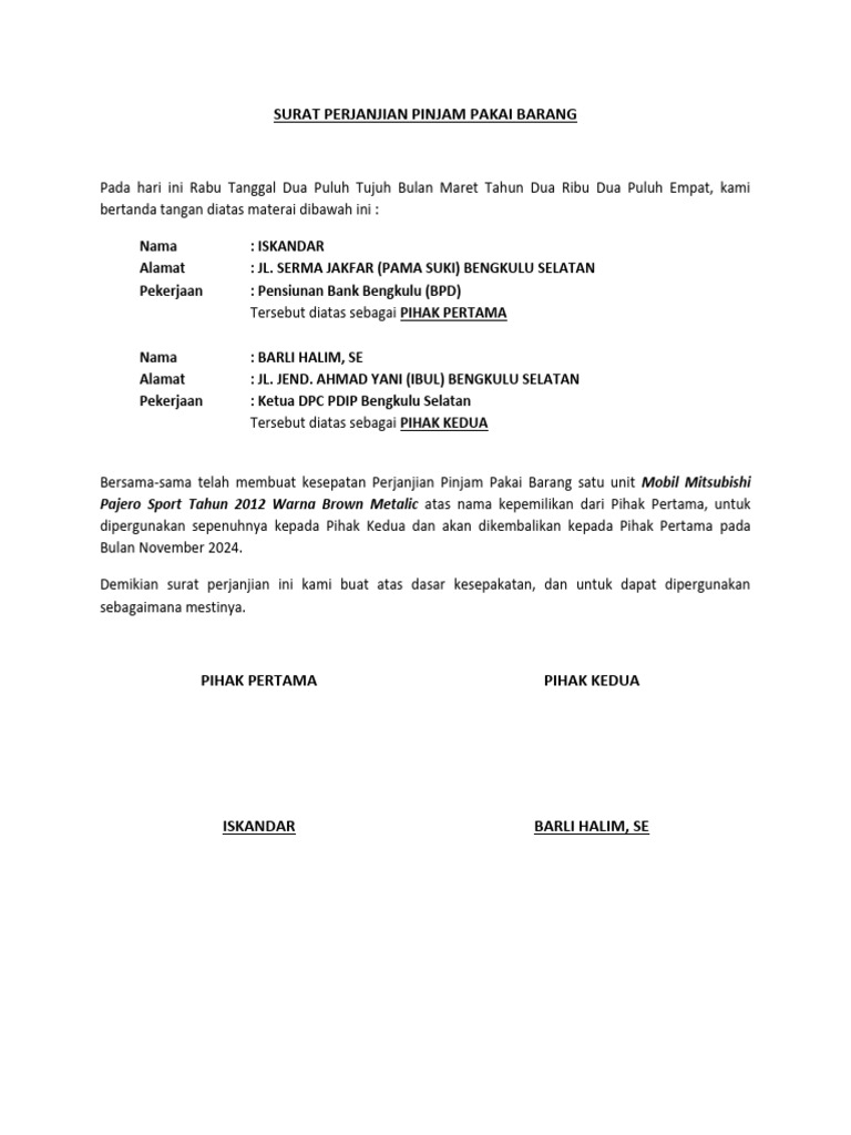 Surat Perjanjian Pinjam Pakai Barang PDF