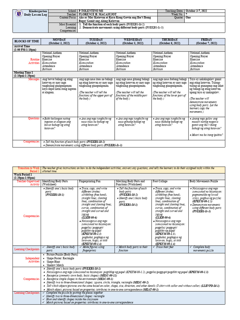 Kindergarten Week 7 Lesson Plan | PDF | Shape | Learning