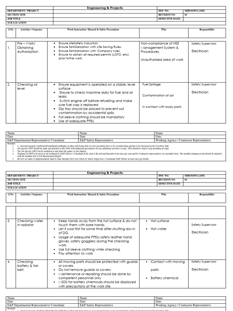 Sop D.G. Operation PDF Electrician Personal Protective Equipment