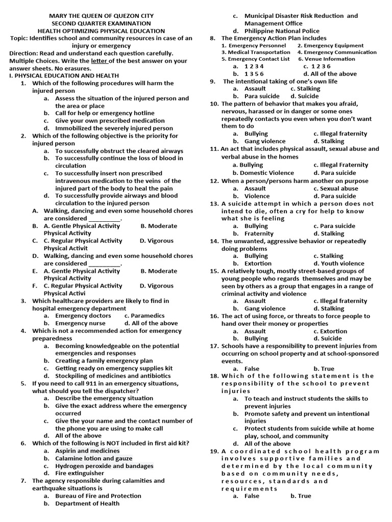 Health and Pe MQCQC Grade 11 and 12 | PDF | Violence | Bullying