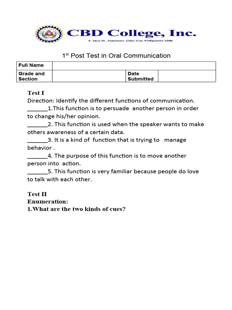 1ST Post Test in Oral Com | PDF | Self-Improvement