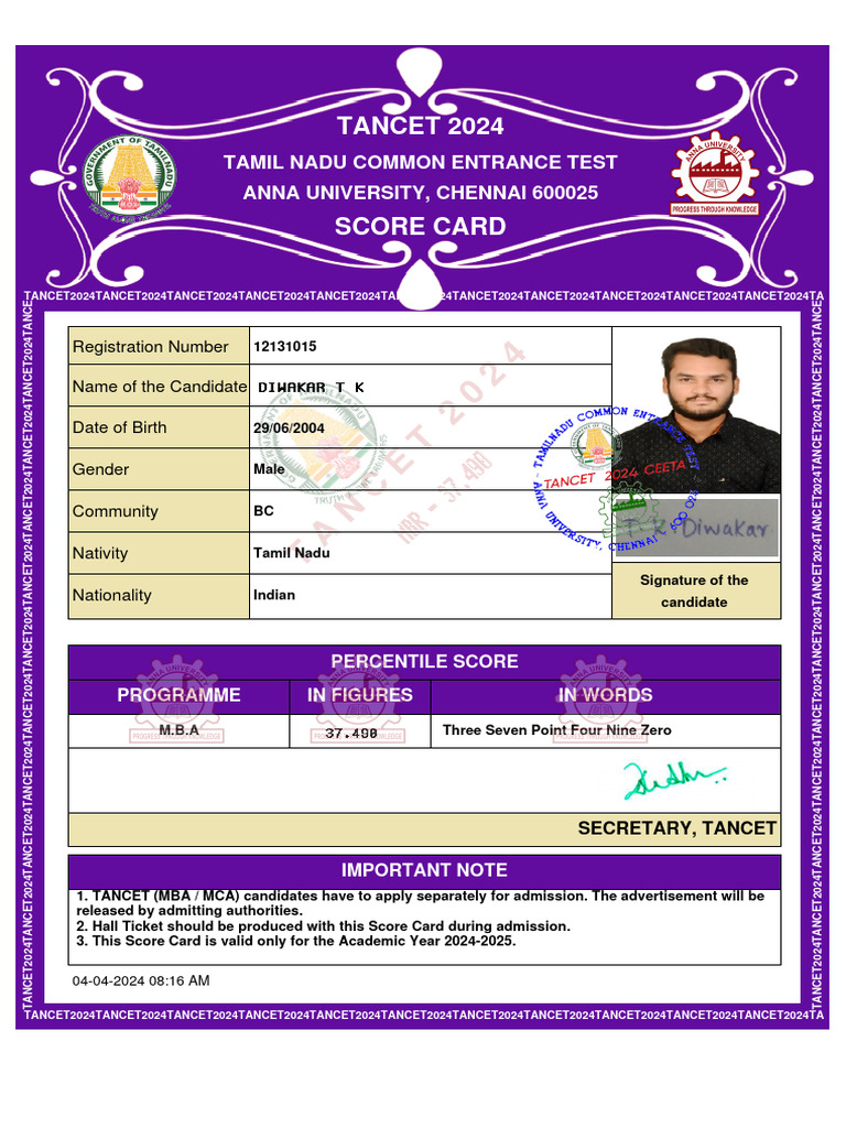 TANCET 2024 Score Card Details | PDF | Qualifications | Educational Stages