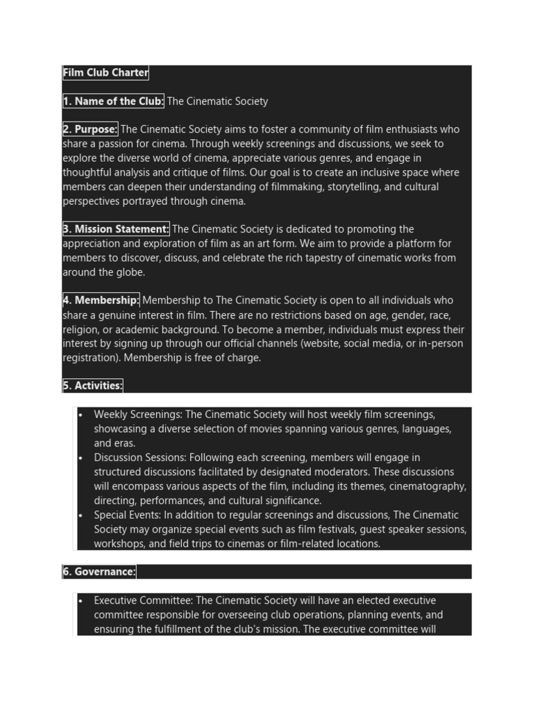 Film Club Charter | PDF | Cinematography | Committee