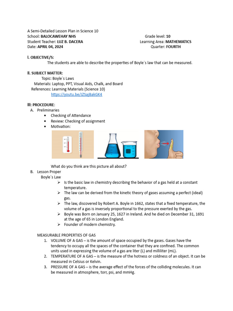Lesson Plan on Boyle's Law for Grade 10 | PDF | Gases | Pressure