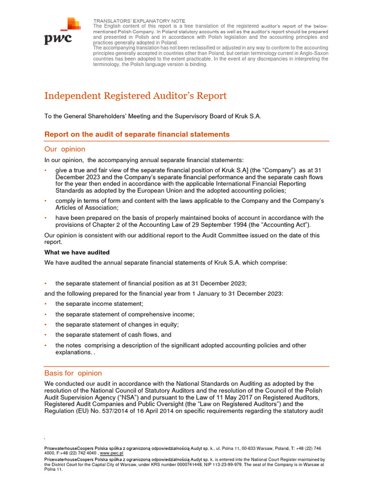 Reporte Auditoría PWC Kruk 2023 | PDF | Audit | Going Concern