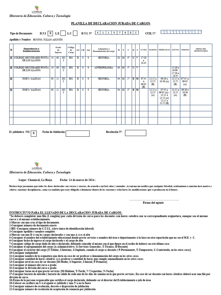 Planilla de Declaración Jurada Docente | PDF