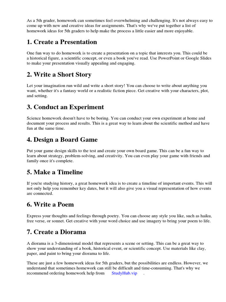 Homework Ideas for 5th Graders | PDF | Worksheet | Homework