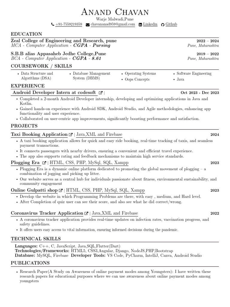 Resume Anand Chavan | PDF | Databases | Android (Operating System)